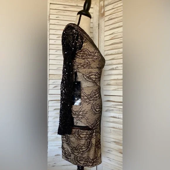 NWT BEBE Addiction Sparkle One Sleeve Lace Dress - Picture 4 of 12